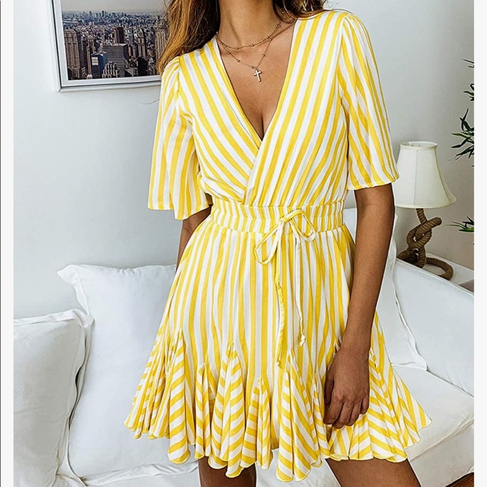Yellow and White Striped Mini Dress